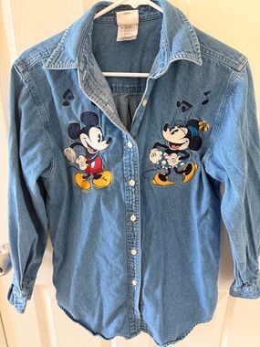 Disney Light Blue Denim Button-Down with Mickey & Minnie Embroidery